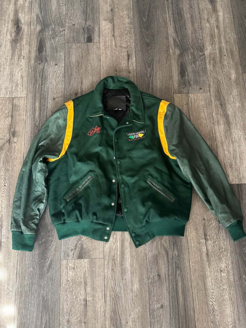 TomKin John Deere Motorsports Chad Little #23 Wool Leather Varsity Jacket Size X